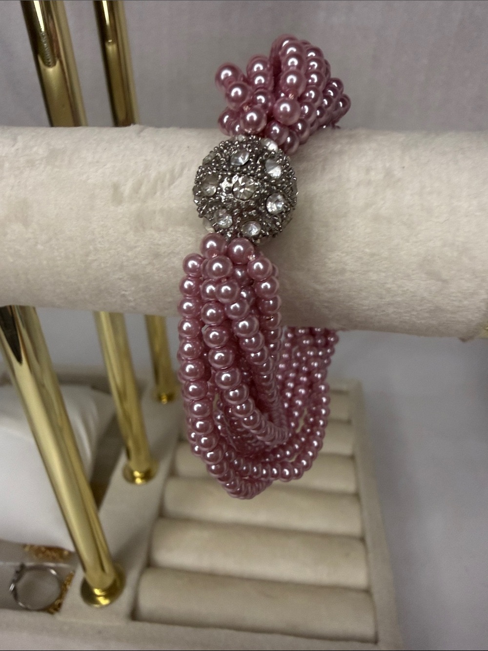 Magnetic Pink Pearl Multi-Strand Bracelet with Crystal Clasp